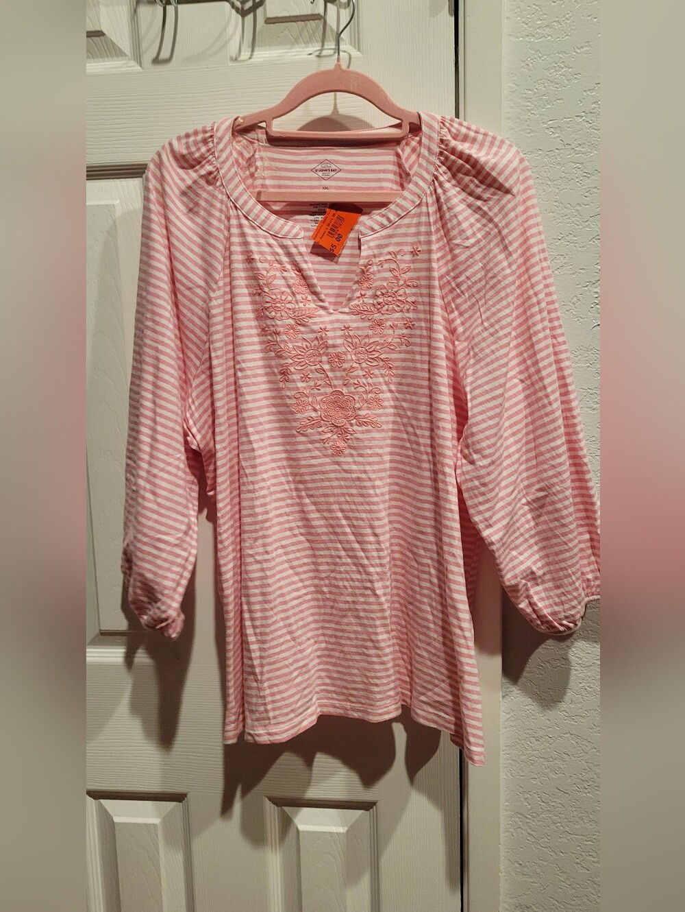 St. Johns Bay Striped Pink Embroidered Women's Top